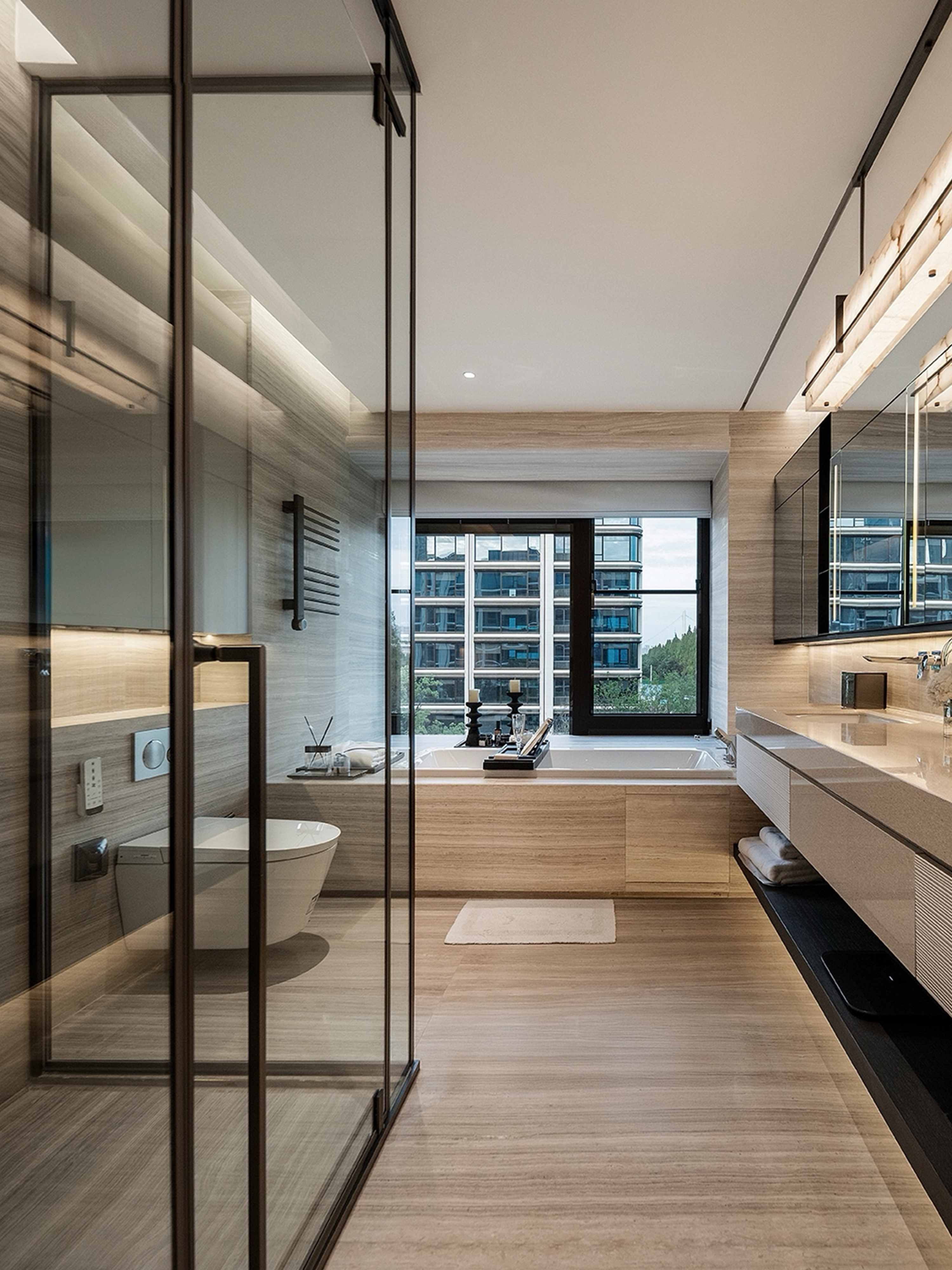 Wooden White marble bathroom installation