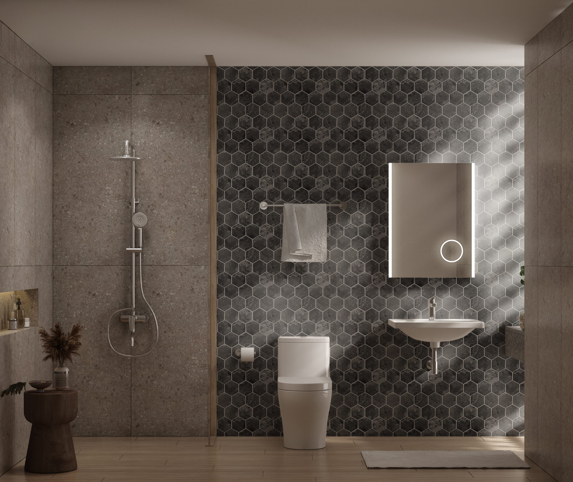 Belgium limestone hexagon mosaic installation